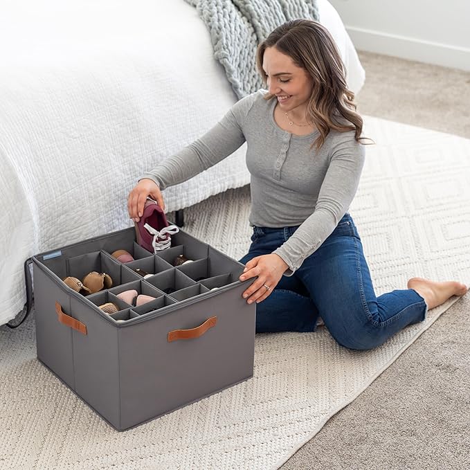 Large Shoe Storage Bin for Closet, Shoe Organizer Box Fits up to 16 Pairs, Grey