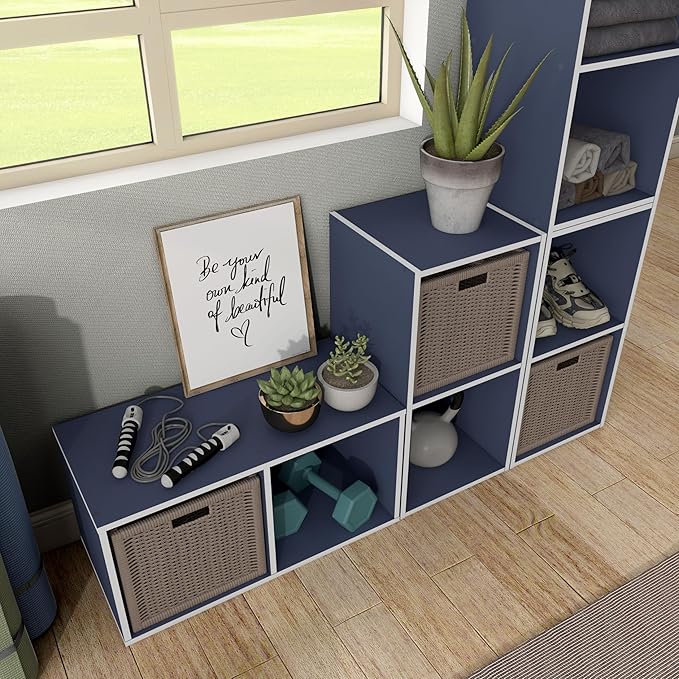 Homes: Inside + Out Apexa 2-Cube Storage Organizer Shelves, Stackable Wood Bookcase Fits Cubby Bins for Organization, Dorm Teen Room Decor & Home Office, Steel Blue