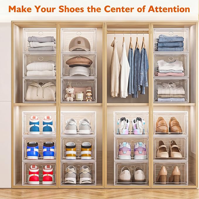 7 code Shoe Organizer, Clear Thickened Stackable Shoe Boxes with Magnetic Door