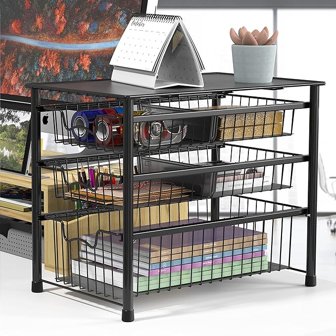 Simple Houseware Stackable 3 Tier Sliding Basket Organizer Drawer, Black