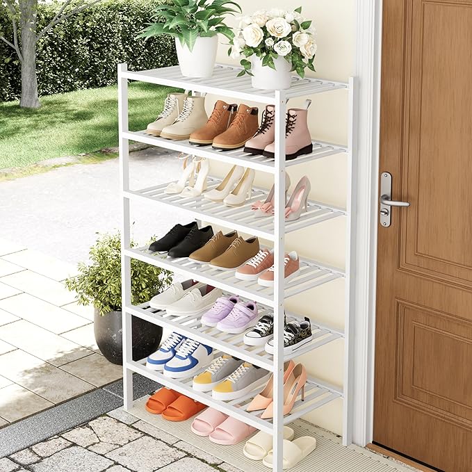 Smiry Bamboo Shoe Rack, 6 Tier Free Standing Wooden Shoe Organizer, Stackable Wood Shoe Storage Shelf for Closet, Entryway, 14 Vertical Slats, 2+2+2 Stack Heavy-Duty Legs, 26.8"x11"x39", White