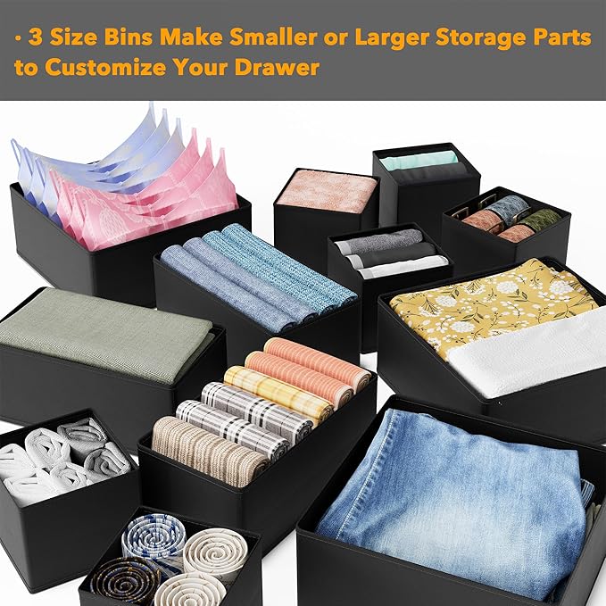 Drawer Organizer Clothes, 12 Pack Dresser Organizer Bins for Nursery, Black