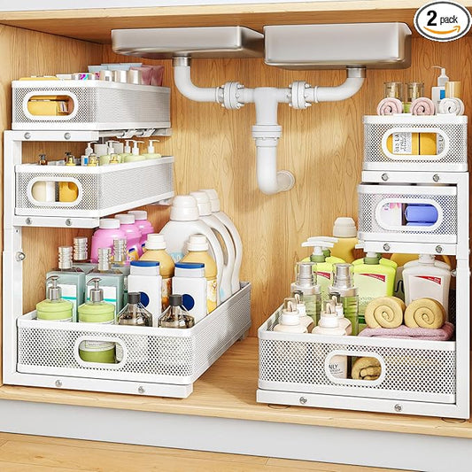 Under Sink Organizer, 2-Pack 3-Tier Thickened Metal Pull out Cabinet Organizer Shelf, Height Adjustable Slide out Storage Drawer Rack for Kitchen Bathroom Pantry Laundry Home Organization, White