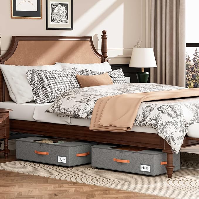 2-Pack Under Bed Storage Drawers with Wheels, 6 Vacuum Bags, 7.9" Height, Gray