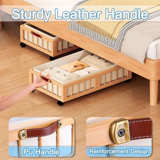 2-Pack Bamboo Under Bed Storage Containers with Wheels, Nature