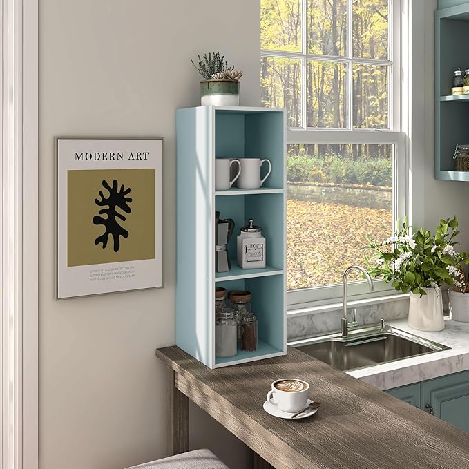 Homes: Inside + Out Apexa 3-Cube Storage Organizer Shelves, Stackable Wood Bookcase Fits Cubby Bins for Organization, Dorm Teen Room Decor & Home Office, Light Blue