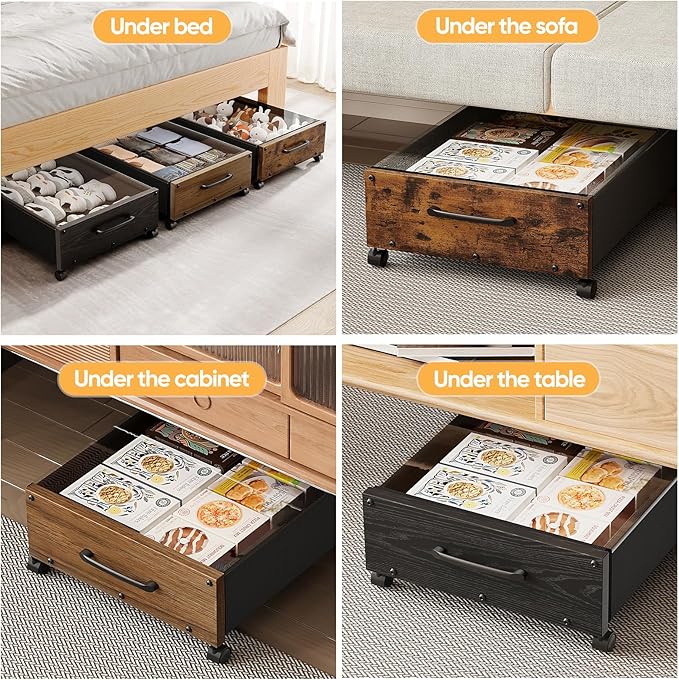 KITHELP Wooden Under Bed Storage with Wheels, Rolling Under the Bed Storage Bins with Removable Lid, Metal Under Bed Drawers for Clothes and Shoes in Bedroom or Living Room(Walnut Brown-1pack)
