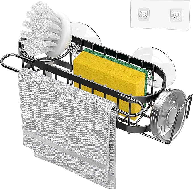 Cisily Kitchen Sink Caddy Sponge Holder in The Sink, Suction cup-Black