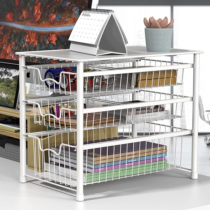 Simple Houseware Stackable 3 Tier Sliding Basket Organizer Drawer, White