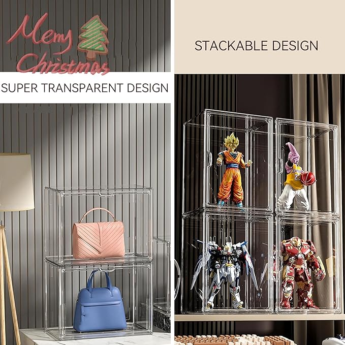 ZLLZUU Clear Stackable Plastic Storage Bins with Lid, Dustproof Book Cosmetic Acrylic Display Cases with Magnetic Door, Large Figures Collectibles Showcase