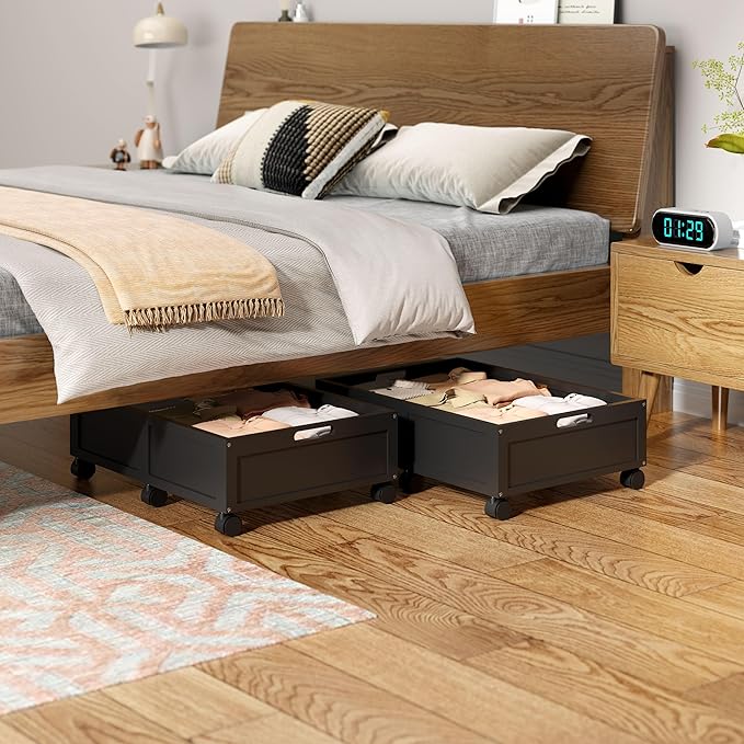WISUCART Wood Under Bed Storage Containers Underbed Organizer with Wheels Sturdy Wood Rolling Under Bed Shoe Storage Organizer 2 Packs (Black, Small)