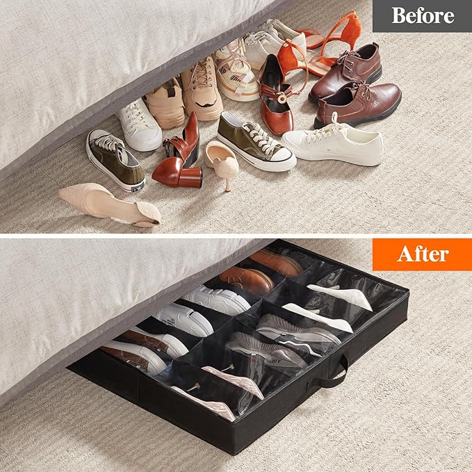 Lifewit Under Bed Shoe Storage Organizer 3 Pack(12 Shoes Cells), 4.3 Inches Profile Fabric Shoes Container Box with Clear Cover, Foldable Storage Bag with 2 Handles, Fits 18 to 36 Pairs