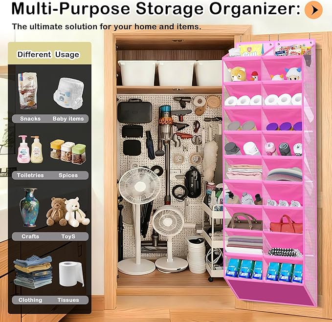 Kotkn 10-Tier Over the Door Shoe Organizer, 20 Pockets Holds 20-30 Pairs, Heavy-Duty Oxford Fabric with Hexagon Mesh for Boots & Sneakers- Pink