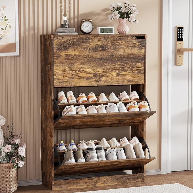 Shoe Storage Cabinet, Wood Shoe Organizer for Entryway with 3 Flip Drawers, Freestanding Shoe Rack w/h Adjustable Shelf,Narrow Shoe Dresser for Front Door Entrance(Brown, 47.2" x 31.5" x 9.25")