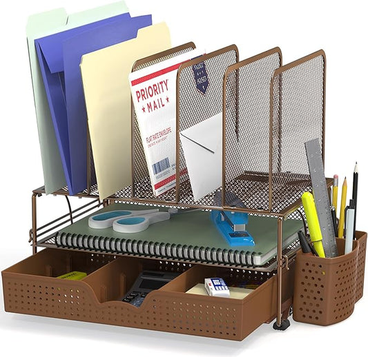 Simple Houseware Mesh Desk Organizer with Sliding Drawer, Copper
