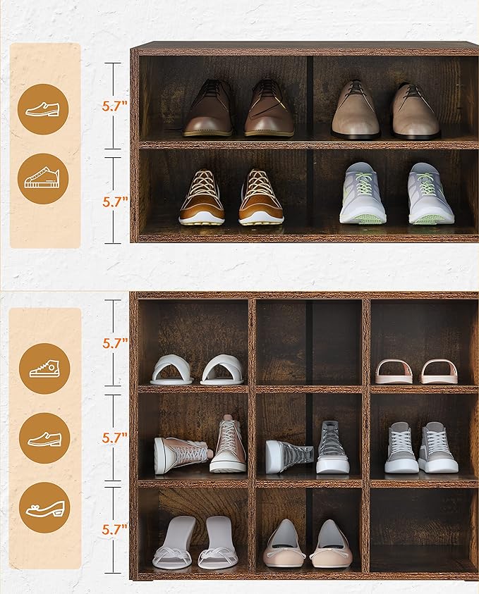 HAIOOU Shoe Rack, 9-Cube Stackable Wood Shoe Cubby Organizer 5-Tier Freestanding Wooden Shoe Stand with 2 Storage Shelf for 10-15 Pairs, Ideal for Apartment, Entryway, Closet Organization - Rustic
