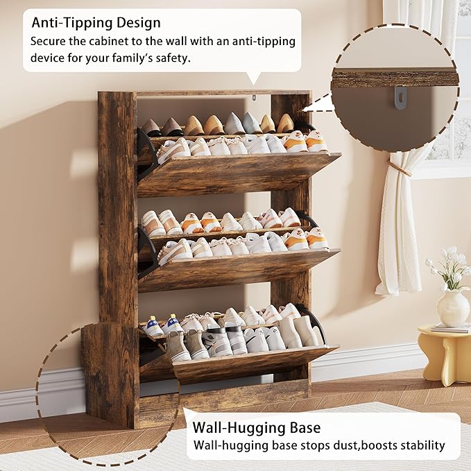 Shoe Storage Cabinet, Wood Shoe Organizer for Entryway with 3 Flip Drawers, Freestanding Shoe Rack w/h Adjustable Shelf,Narrow Shoe Dresser for Front Door Entrance(Brown, 47.2" x 31.5" x 9.25")