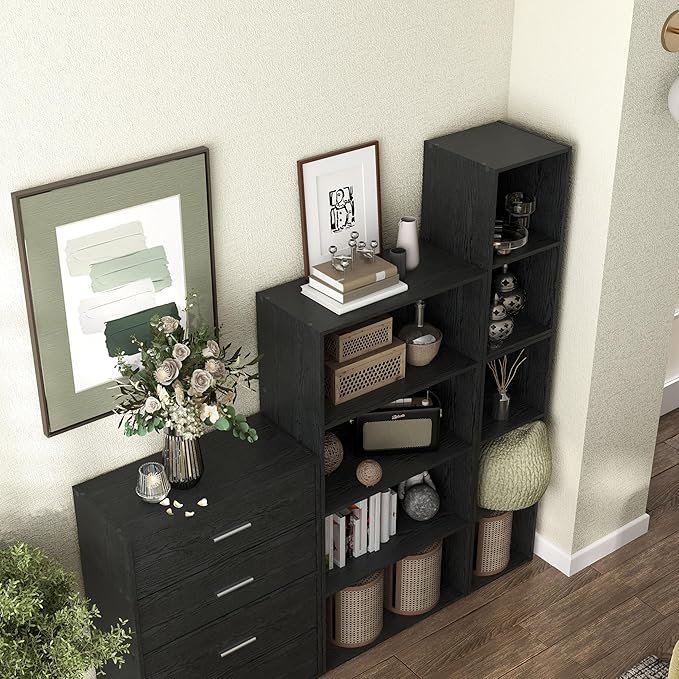 Homes: Inside + Out Apexa 3-Cube Storage Organizer Shelves, Stackable Wood Bookcase Fits Cubby Bins for Organization, Dorm Teen Room Decor & Home Office, Black
