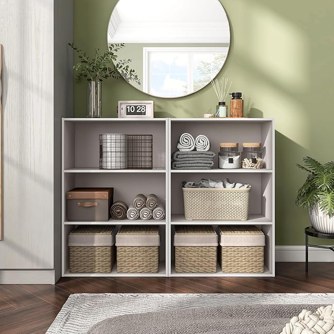 Homes: Inside + Out Apexa 3-Tier Cube Storage Organizer Shelves, Stackable Wood Bookcase Fits Cubby Bins for Organization, Dorm Teen Room Decor & Home Office, Taupe Grey