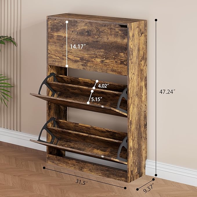 Shoe Storage Cabinet, Wood Shoe Organizer for Entryway with 3 Flip Drawers, Freestanding Shoe Rack w/h Adjustable Shelf,Narrow Shoe Dresser for Front Door Entrance(Brown, 47.2" x 31.5" x 9.25")