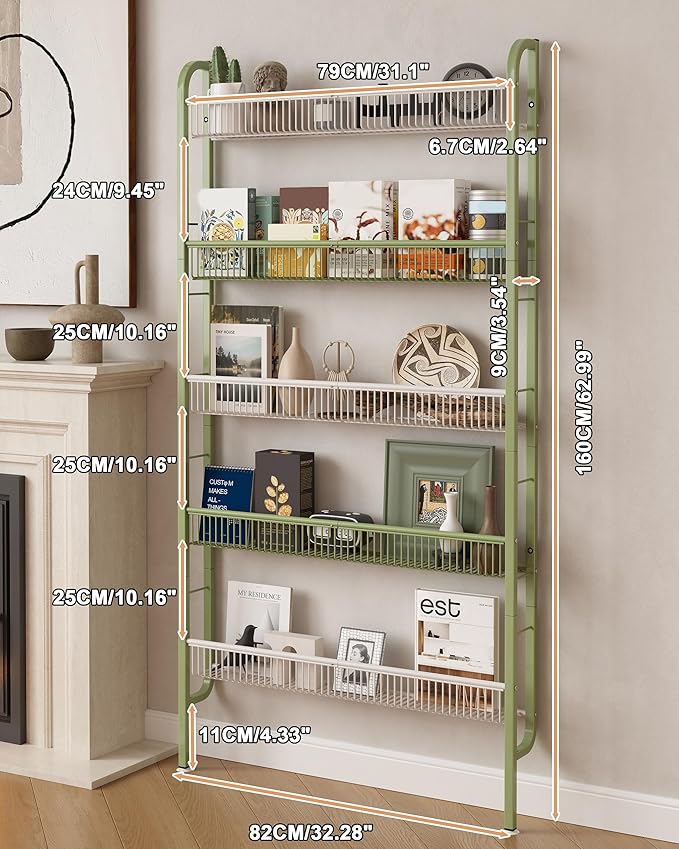 UMDONX Behind The Door Bathroom Shelf Narrow 5-Tier, Space-Saving Slim Storage Shelf Narrow Shelving Unit for Bathroom and Kitchen White+Green
