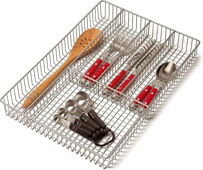 Large Wire Silverware Drawer Organizer Satin Nickel 5 Compartment Grid Utensil