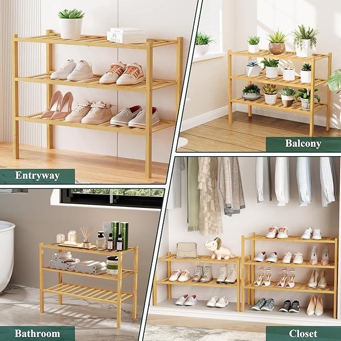 Smiry Small Bamboo Shoe Rack, 5 Tier Free Standing Wooden Shoe Organizer, Stackable Wood Shoe Storage Shelf for Closet, Entryway, 12 Vertical Slats, 2+2+1 Stack Standard Legs, 17.3"x11"x32.5", Natural