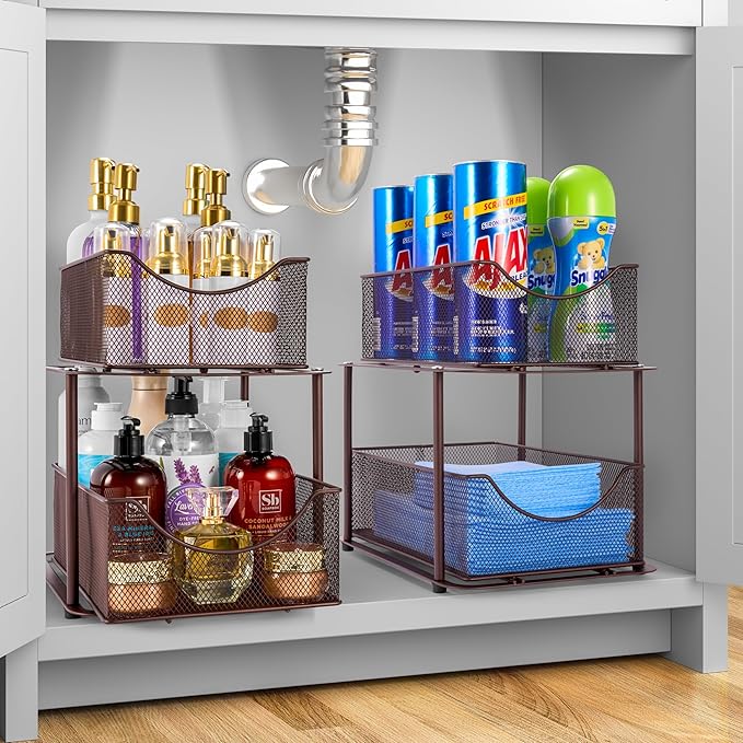2 Tier Metal Under Sink Organizer for Bathroom, Kitchen, Brown