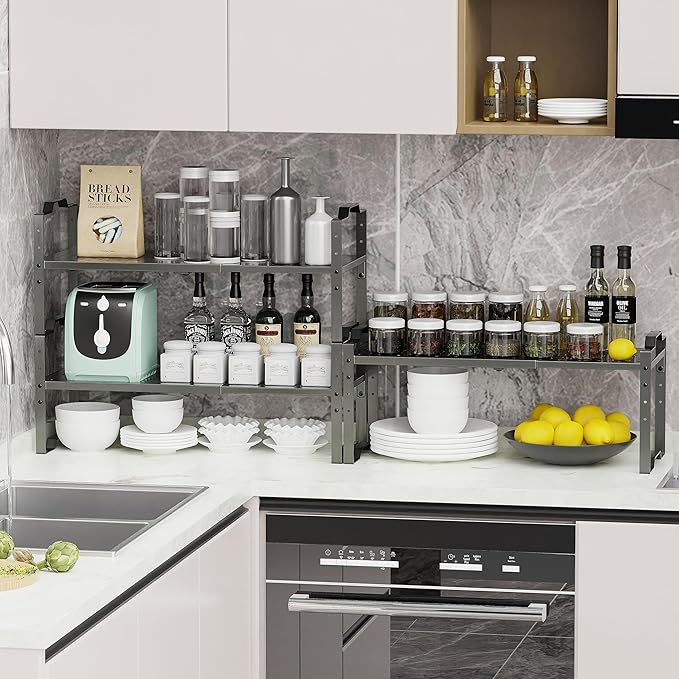 Jojocross Expandable Shelf for Cabinet Organizer Adjustable Stackable Spice Rack at Kitchen and Bathroom More, Counter Countertop Cupboard Organization Pantry Storage (1 Pack/Gun-Grey, Large)