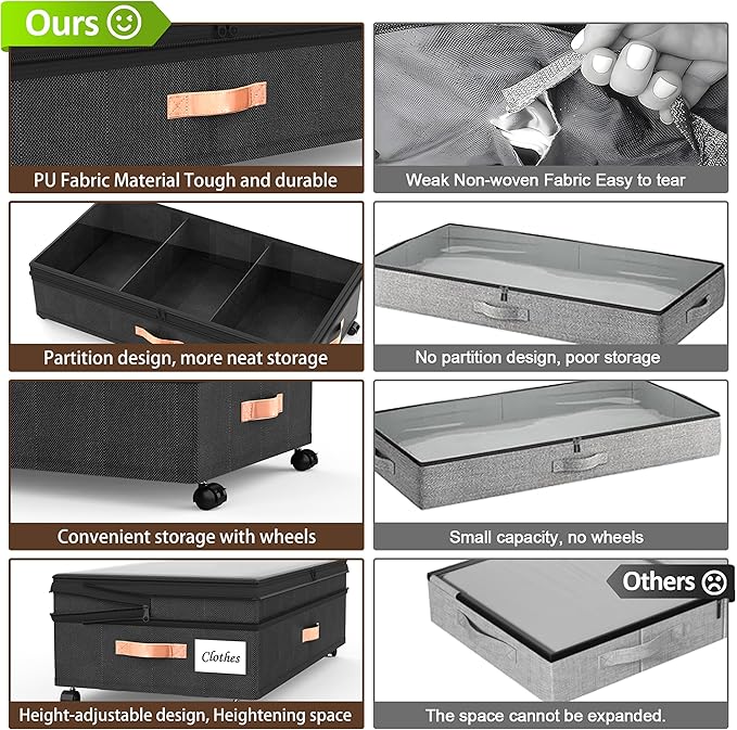 Under Bed Storage Organizer with Wheels - 2Pack 70L Extra Large Rolling Storage Bins with Clear Lid & Labels for Clothes, Shoes, Blankets (XXL, Black)