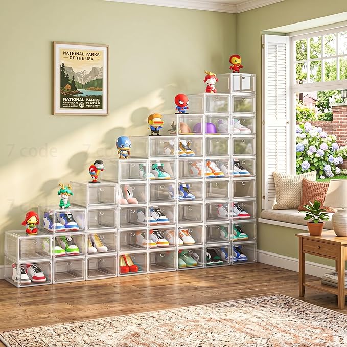 7 code Shoe Organizer, Clear Thickened Stackable Shoe Boxes with Magnetic Door