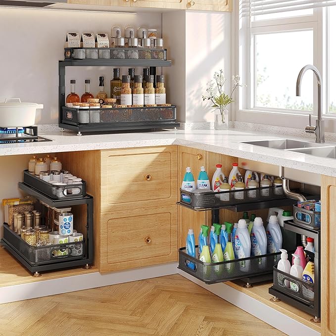 2-Pack 18.5 IN Depth Under Sink Organizer With Next-Gen Ball-Bearing Slides,Sophisticated Mesh 2-Tier Pull Out Shelf for Kitchen & Bathroom,Fits Small Items-Gun Gray