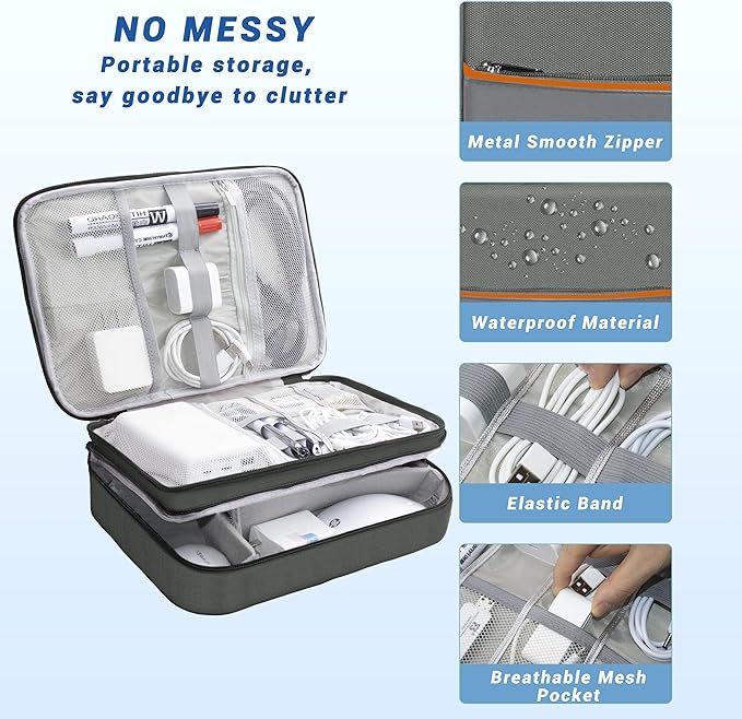 Electronics Organizer, Travel Cord Organizer Pouch, Three Layer-Gray