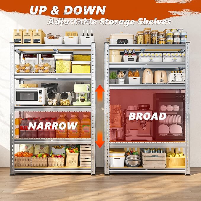 REIBII Garage Shelving, 5 Tier Storage Shelves Load 2400LBS, Adjustable Garage Shelving Heavy Duty, Metal Shelving Unit with Waterproof Columns, 35.5" W x 11.9" D x 72" H, Galvanized, 4 Pack