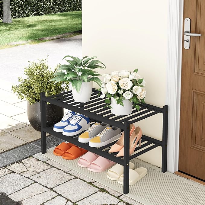 Smiry Bamboo Shoe Rack, 2 Tier Free Standing Wooden Shoe Organizer, Stackable Wood Shoe Storage Shelf for Closet, Entryway, 14 Vertical Slats, One-piece Heavy-Duty Legs, 26.8"x11"x13", Black