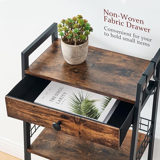 Gewudraw 3-Tier Ladder Shelf with Drawer, Bathroom Table Stand for Small Space, Bathroom Standing Shelves with Storage for Living Room Bedroom Kitchen, Organizer Shelf, Rustic Brown