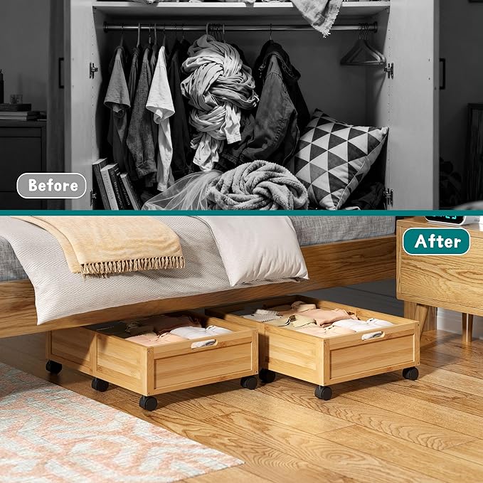 WISUCART Wood Under Bed Storage Containers Underbed Organizer with Wheels Sturdy Wood Rolling Under Bed Shoe Storage Organizer 2 Packs (Nature, Small)