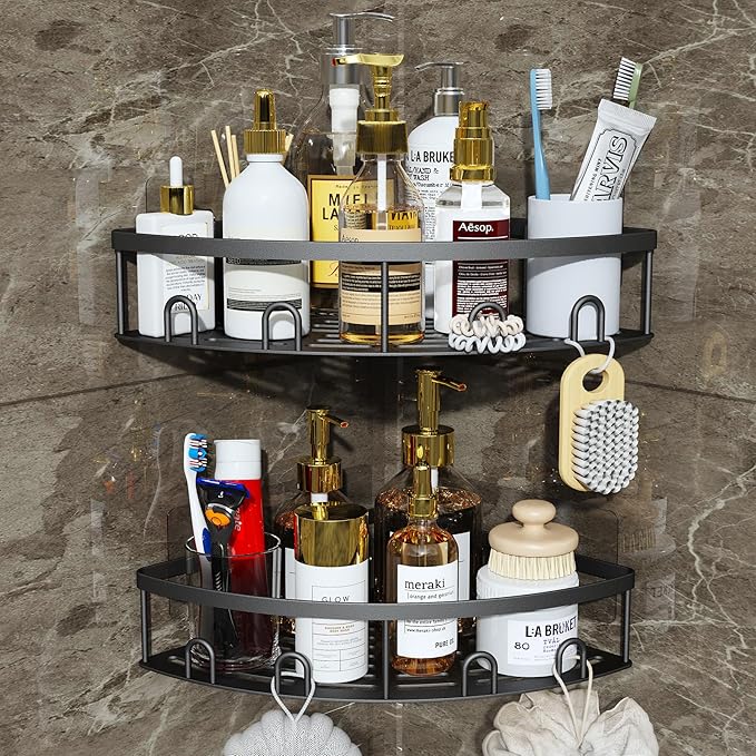 Corner Shower Caddy - Stainless Steel 2 Pack Adhesive Bathroom Organizers and Storage,No Drilling Shower Shelves Rustproof Wall Mounted Shower Organizer Rack,Shower Shelf for Inside Shower(Black)