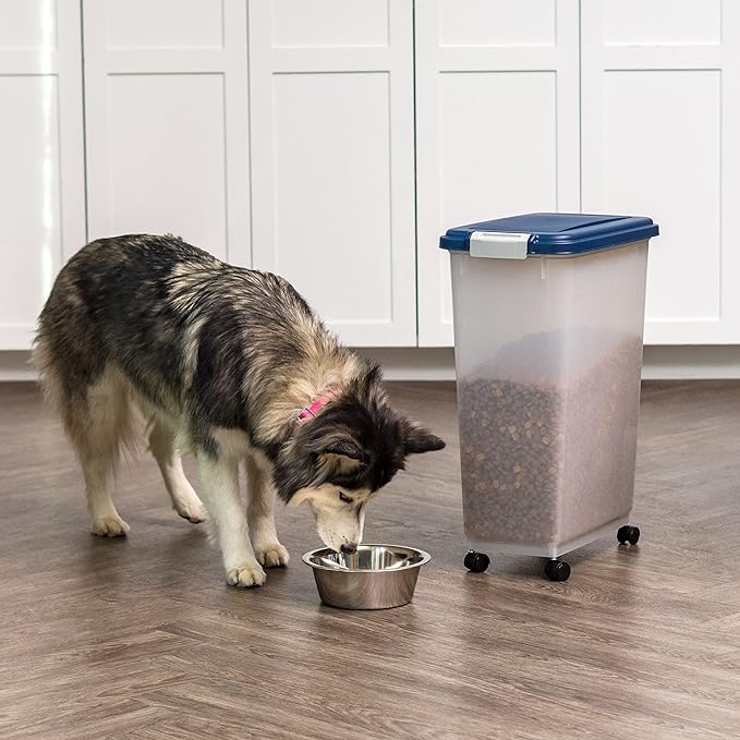 IRIS USA Dog Food Storage Container 38 lb, Airtight Large Pet Food Storage Bin with Wheels, for Dog Cat Bird Chicken Food, Holds Up to 38 Lbs, Keep Fresh, BPA Free, Made in USA, Navy