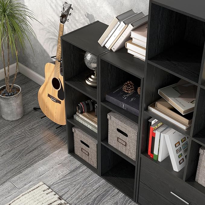 Homes: Inside + Out Apexa 3-Cube Storage Organizer Shelves, Stackable Wood Bookcase Fits Cubby Bins for Organization, Dorm Teen Room Decor & Home Office, Black