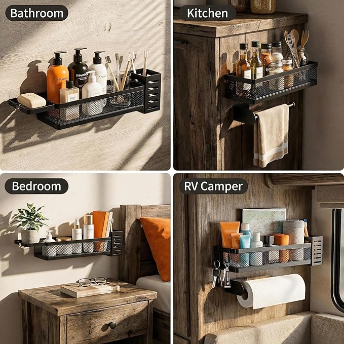 PUSDON 5-in-1 Wide Wall Mount Wrapped Mesh Kitchen Organizer & Shower Caddy Kit, with Paper Towel Holder, Utensil Holder, Soap Dish, Heavy Duty 50LBS - Matte Black, Netting