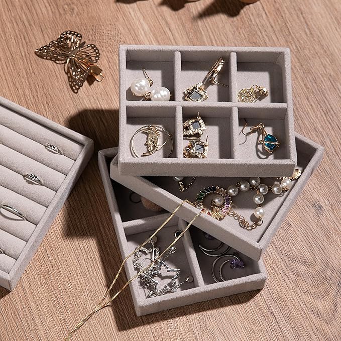 Frebeauty Small Jewelry Tray Set,Stackable Velvet Jewelry Organizer Tray,Mini Jewelry Drawer Organizer,Drawer Inserts,4.92 x 3.74 x 0.9 Inches,Earring Organizer for Women(Set 4,Beige)
