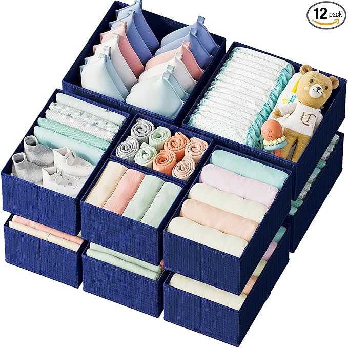 Drawer Organizer Set of 12 - Navy Dresser Organizer for Nursery, Bedroom & Closet