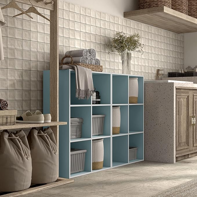 Homes: Inside + Out Apexa 6-Cube Storage Organizer Shelves, Stackable Wood Bookcase Fits Cubby Bins for Organization, Dorm Teen Room Decor & Home Office, Light Blue