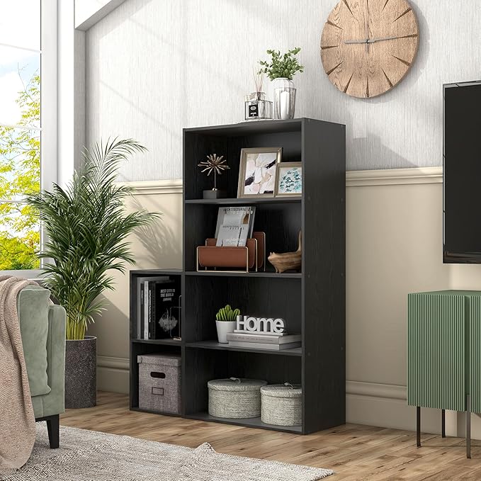 Homes: Inside + Out Apexa 4-Tier Cube Storage Organizer Shelves, Stackable Wood Bookcase Fits Cubby Bins for Organization, Dorm Teen Room Decor & Home Office, Black