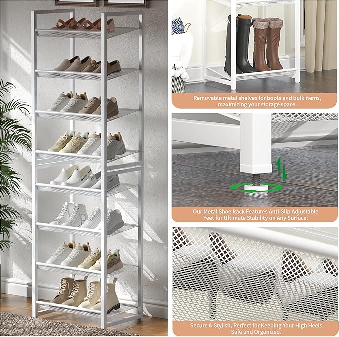 8 Tier Narrow Shoe Rack, Stackable Metal Shoe Storage, Holds 16-20 Pairs, Vertical Shoe Organizer for Garage Closet Entryway, White