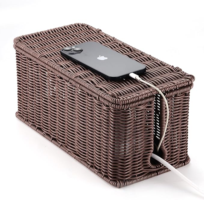 Large Cable Management Box, Handwoven Imitation Rattan Cord Organizer Cord Hider Box, Desk Cord Management Box to Hide Cords and Power Strips, 13.5" L x 6.2" W x 6" H, Dark Brown