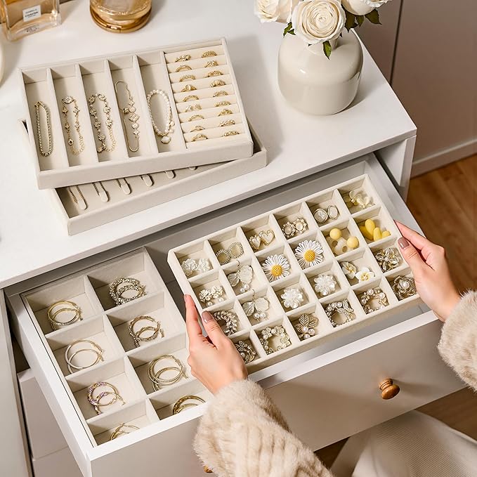 Velvet Jewelry Drawer Organizer Trays – Large Beige Stackable Jewelry Storage Inserts Set, 4-Layer Jewelry Tray Set for Earrings, Rings, Necklaces, Bracelets with Removable Dividers for Dresser,Vanity