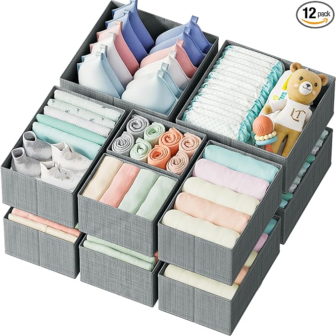 Drawer Organizer Clothes Set of 12 Grey - Dresser Organizer For Nursery, Bedroom, Closet - The Perfect Baby Clothes Organizer and Storage & General Nursery Organization or Dresser Drawer Organizers