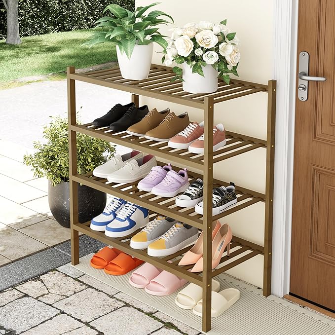Smiry Bamboo Shoe Rack, 4 Tier Free Standing Wooden Shoe Organizer, Stackable Wood Shoe Storage Shelf for Closet, Entryway, 14 Vertical Slats, 2+2 Stack Heavy-Duty Legs, 26.8"x11"x26", Walnut